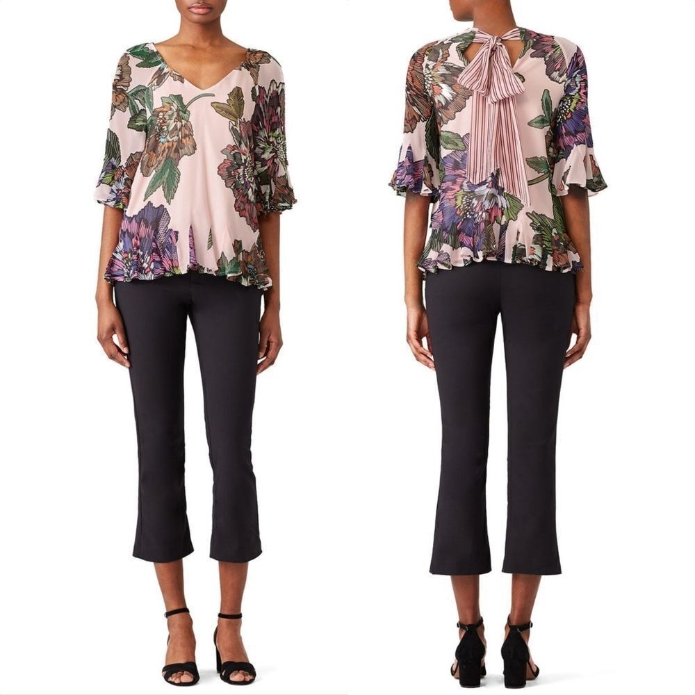 Badgley Mischka Floral Tie-Back 3/4 Sleeve Flutter Top in Dusty Rose Pink